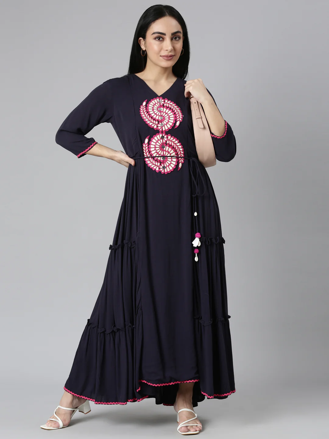 Neerus Navy Blue Flared Casual Solid Maxi Dresses - Image 5