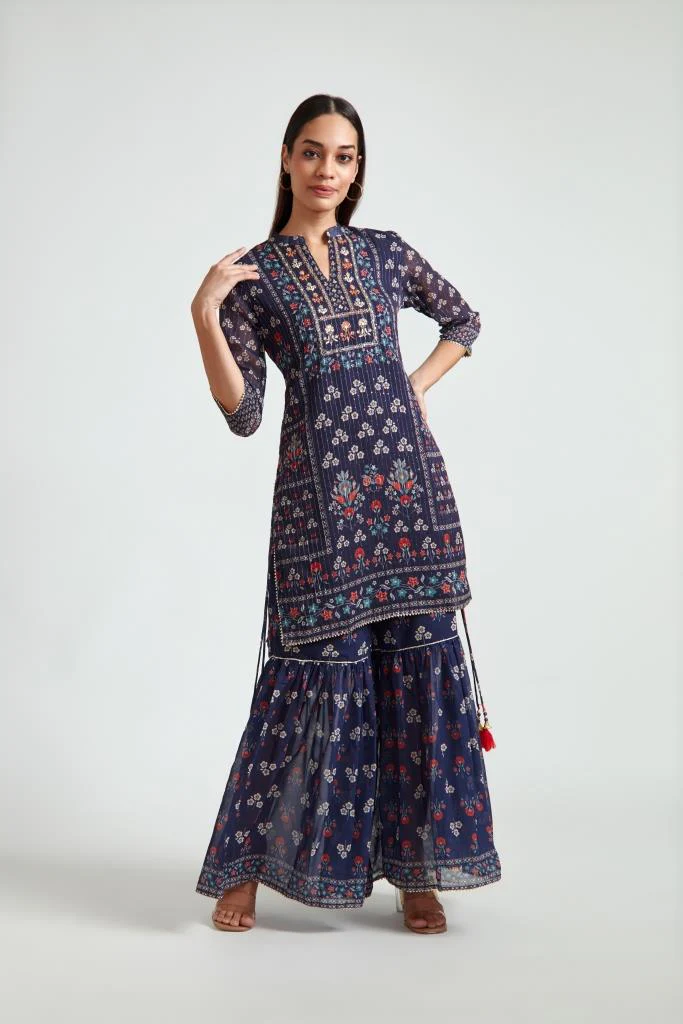 Neerus Navy Blue Georgett Fabric Kurta Sharara With Dupatta