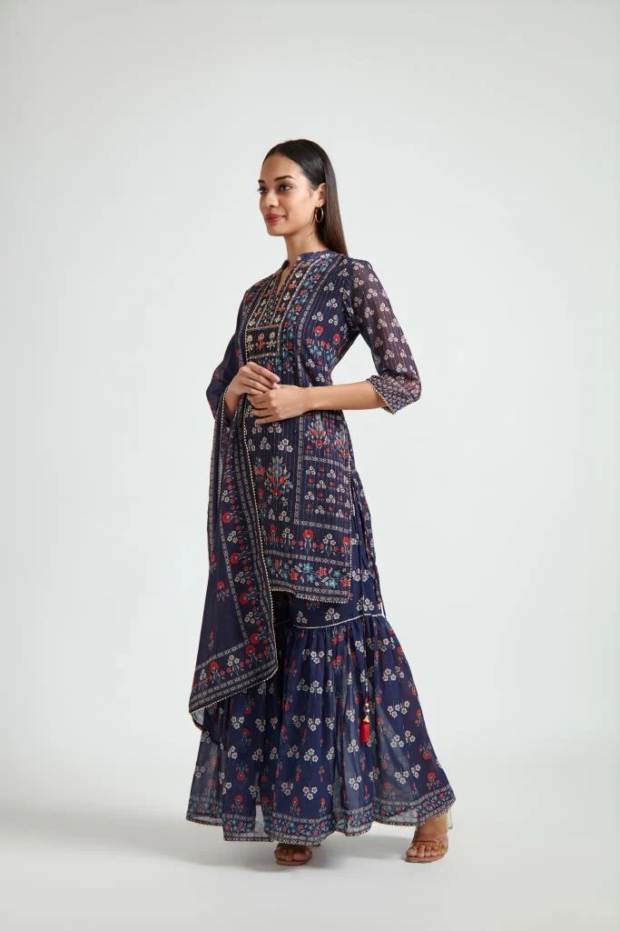 Neerus Navy Blue Georgett Fabric Kurta Sharara With Dupatta - Image 2