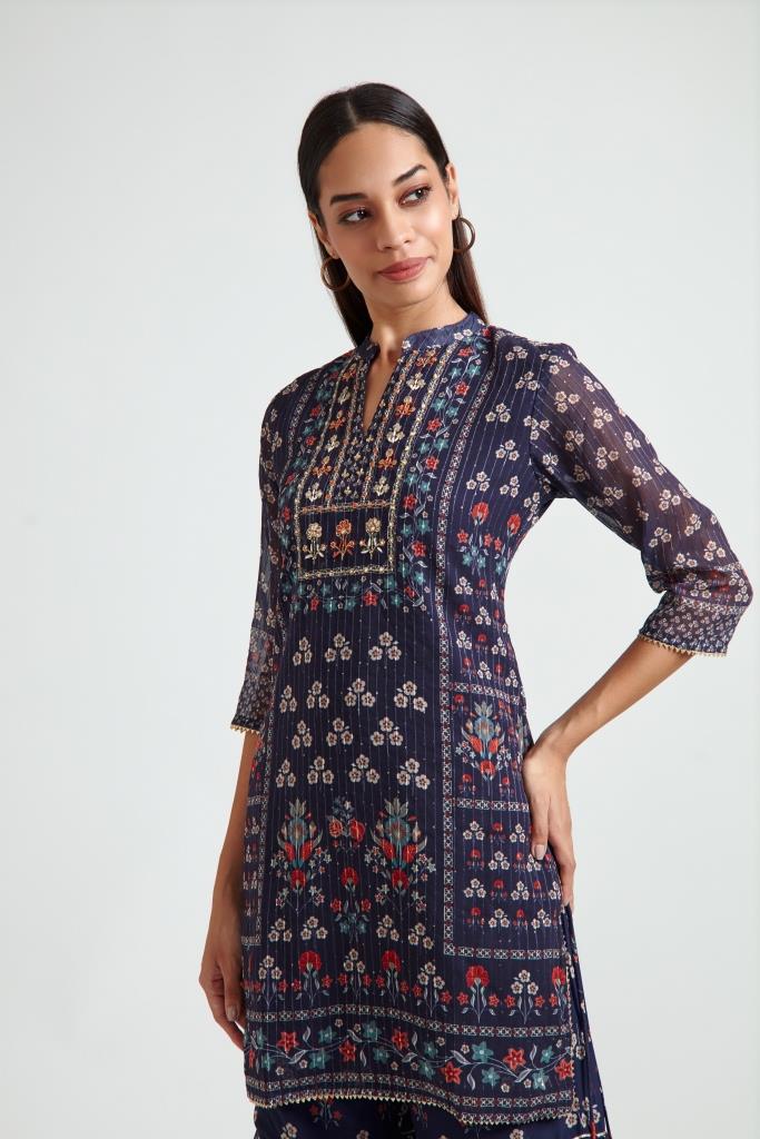 Neerus Navy Blue Georgett Fabric Kurta Sharara With Dupatta - Image 4