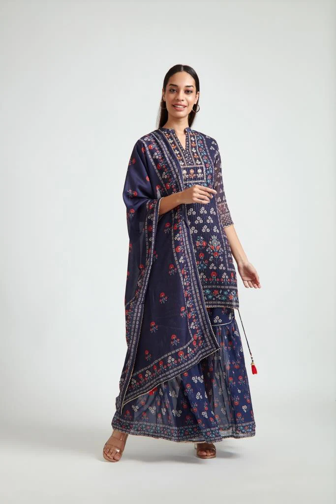 Neerus Navy Blue Georgett Fabric Kurta Sharara With Dupatta - Image 5