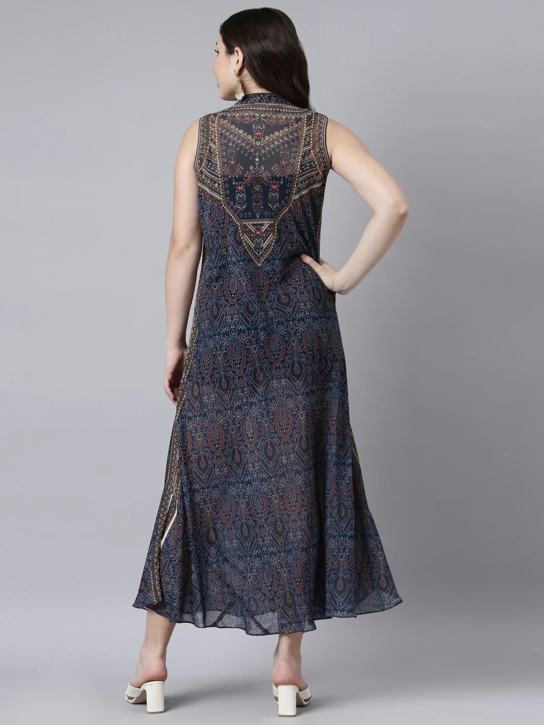 Neerus Navy Blue High-Low Casual Floral A-Line Dresses - Image 3