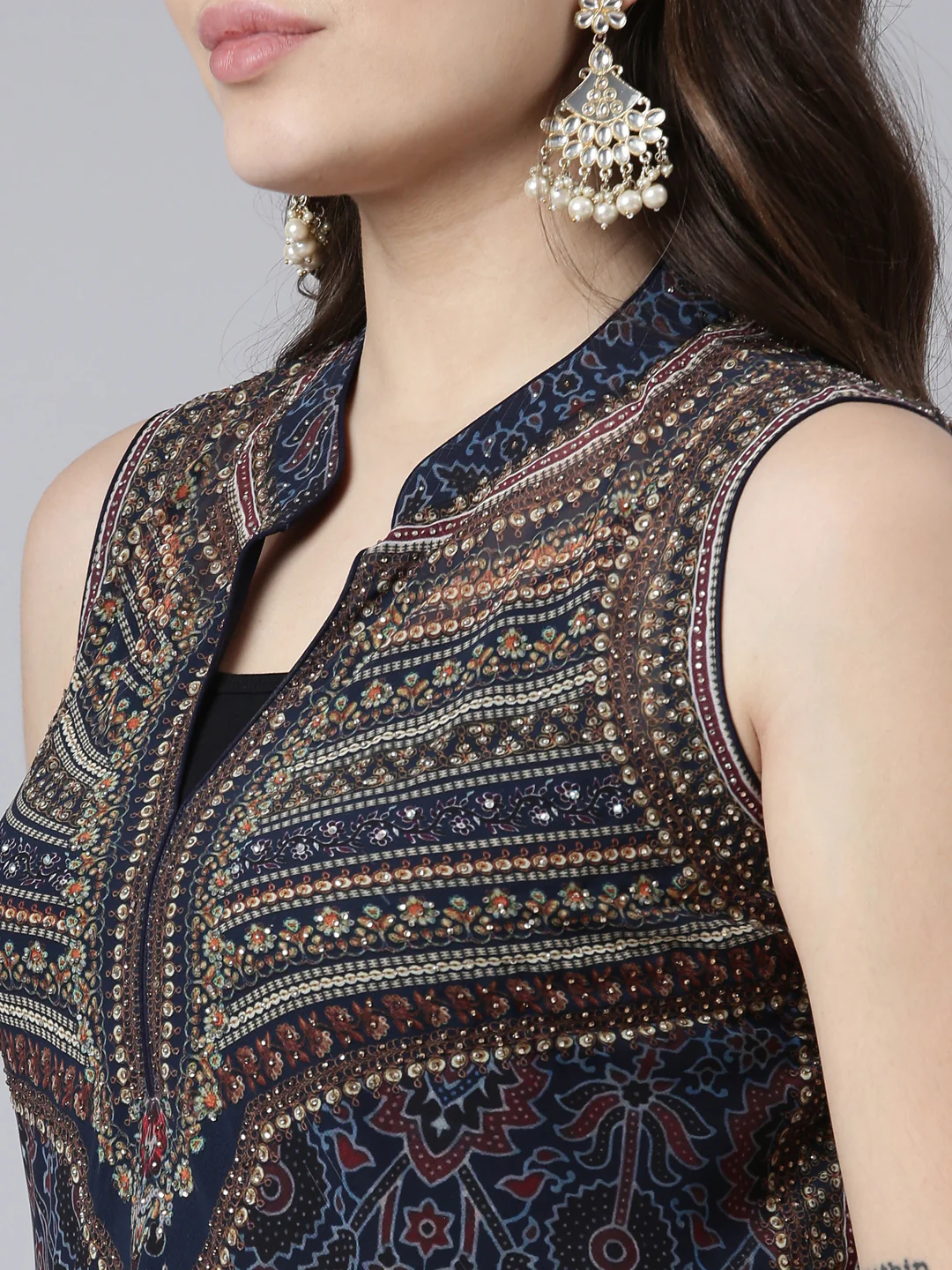 Neerus Navy Blue High-Low Casual Floral A-Line Dresses - Image 4