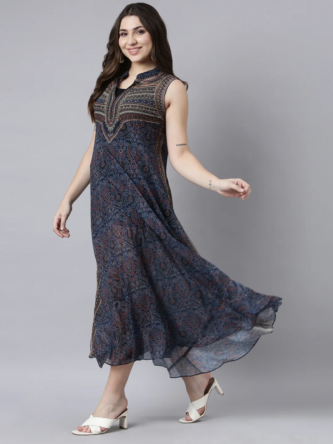 Neerus Navy Blue High-Low Casual Floral A-Line Dresses - Image 5