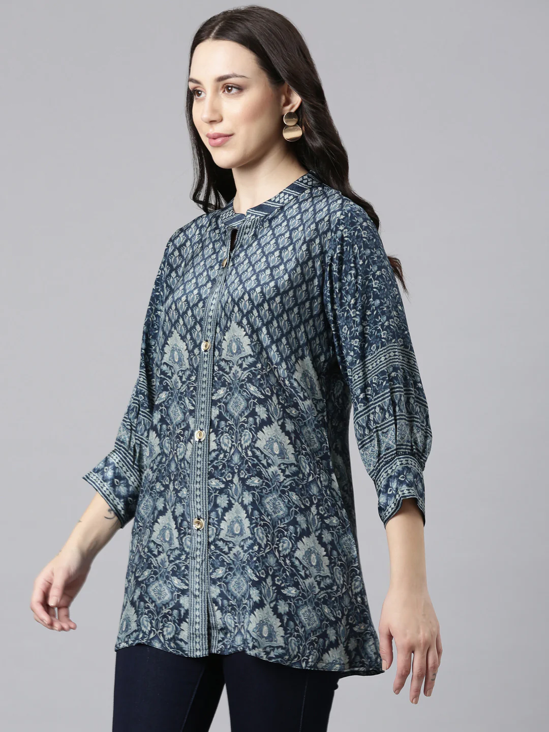Neerus Navy Blue High-Low Casual Printed Straight Kurtis - Image 2