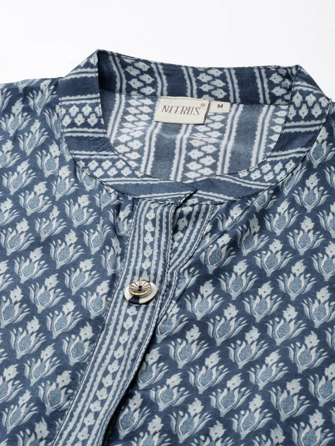Neerus Navy Blue High-Low Casual Printed Straight Kurtis - Image 4