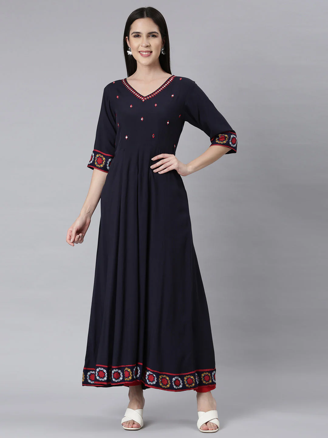 Neerus Navy Blue Panelled Anarkali Embellished Kurta