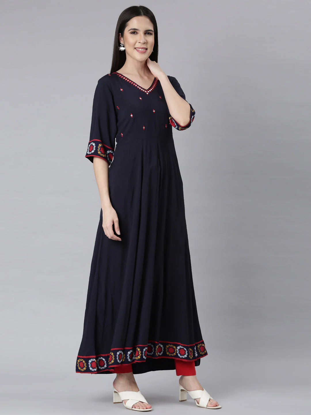 Neerus Navy Blue Panelled Anarkali Embellished Kurta - Image 2