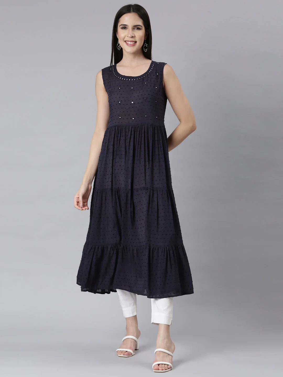 Neerus Navy Blue Panelled Anarkali Embellished Kurta