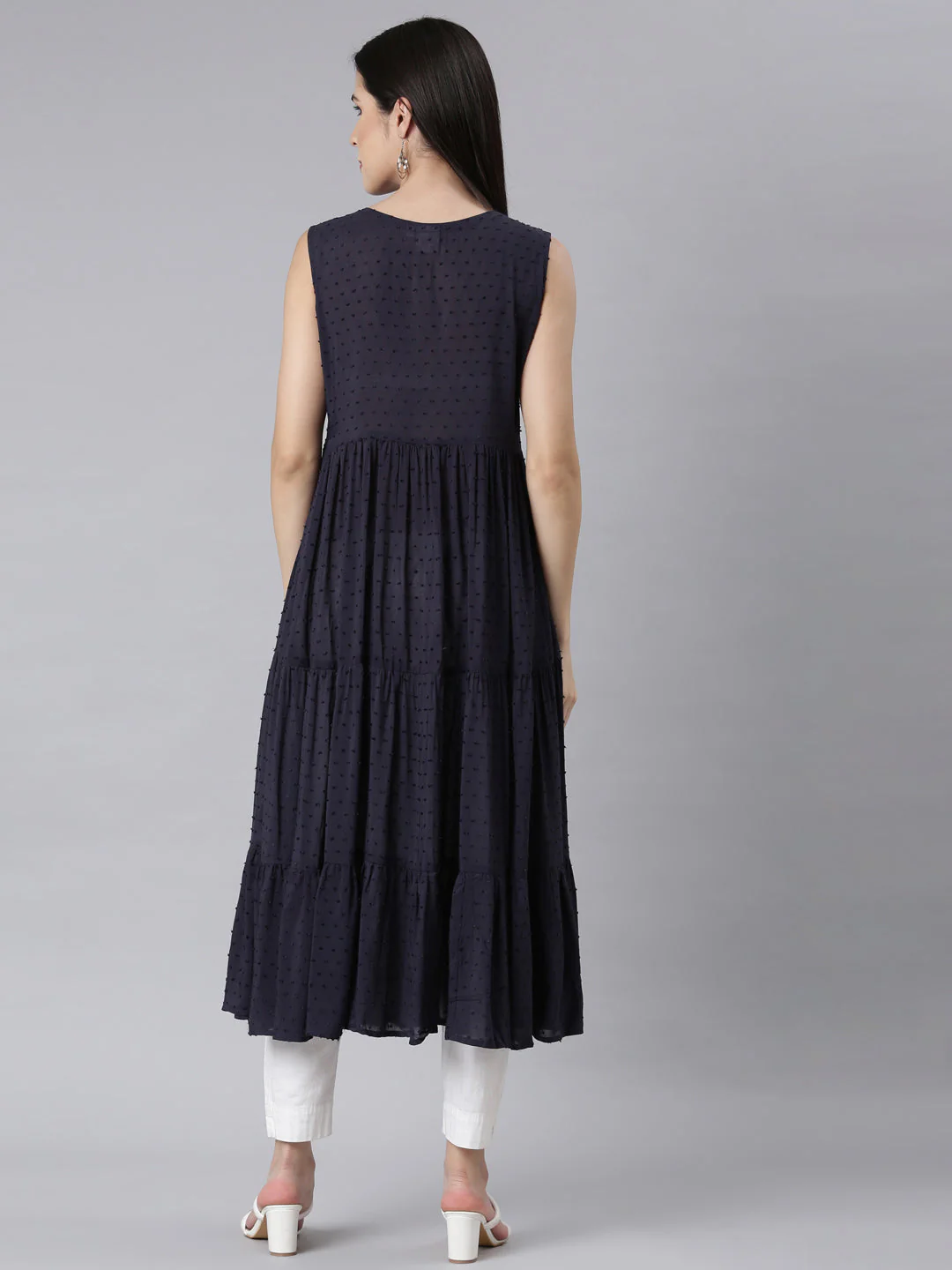 Neerus Navy Blue Panelled Anarkali Embellished Kurta - Image 3