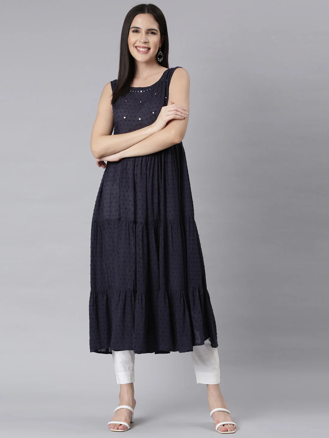 Neerus Navy Blue Panelled Anarkali Embellished Kurta - Image 4