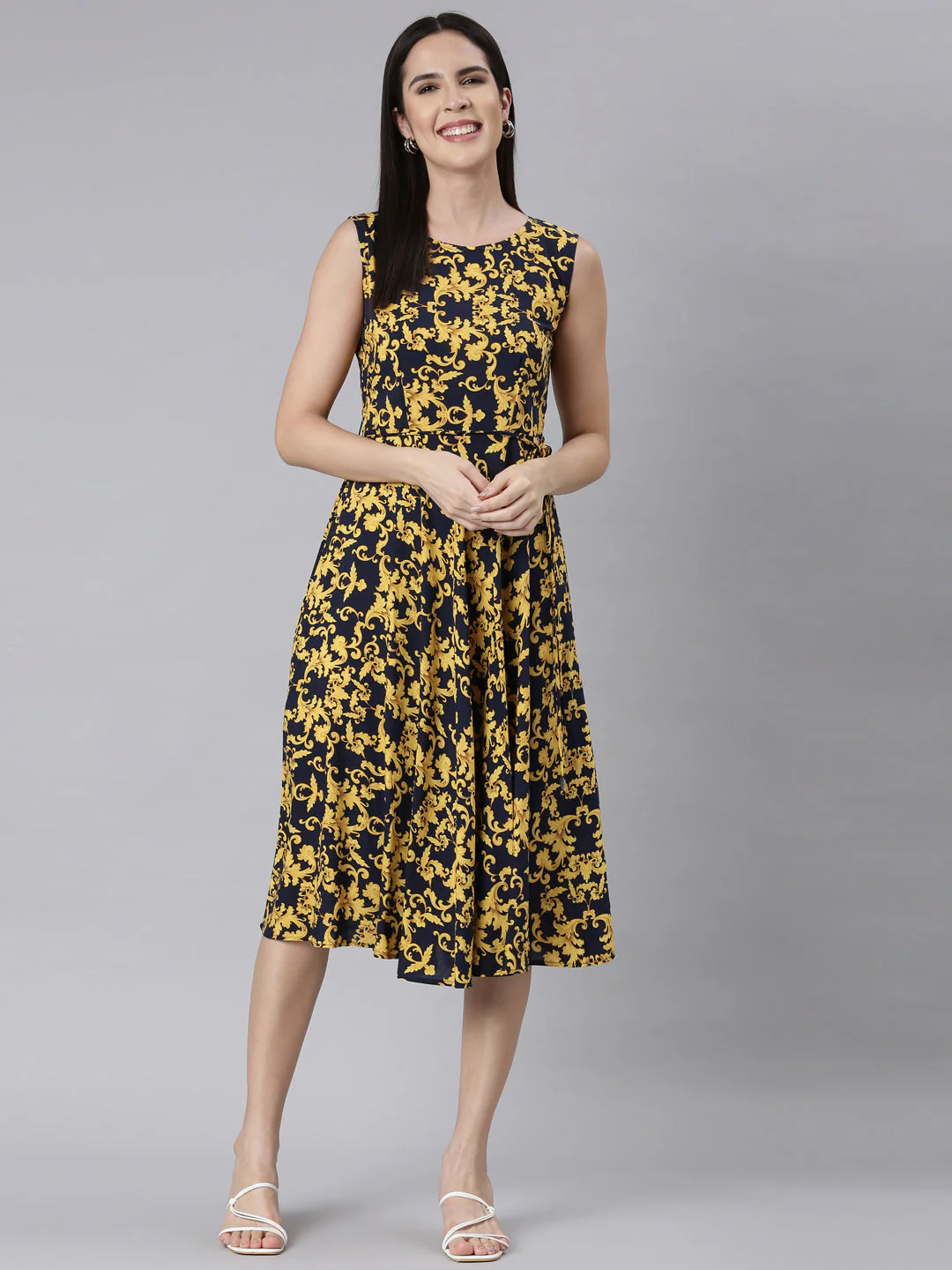 Neerus Navy Blue Panelled Anarkali Floral Kurta