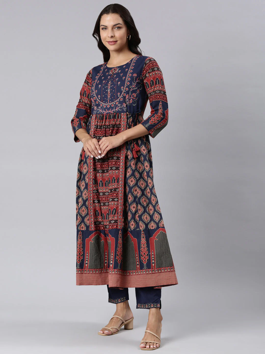 Neerus Navy Blue Panelled Printed Kurta And Trousers With Dupatta - Image 2