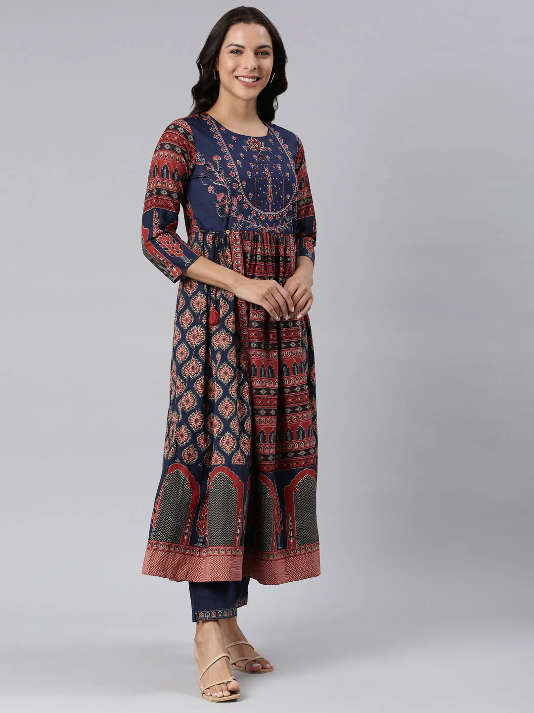Neerus Navy Blue Panelled Printed Kurta And Trousers With Dupatta - Image 3