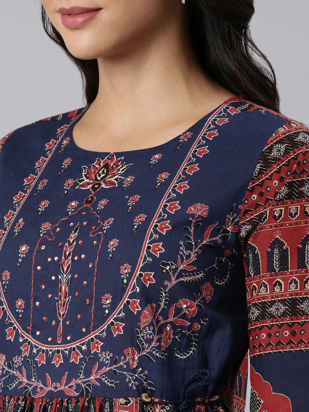 Neerus Navy Blue Panelled Printed Kurta And Trousers With Dupatta - Image 5