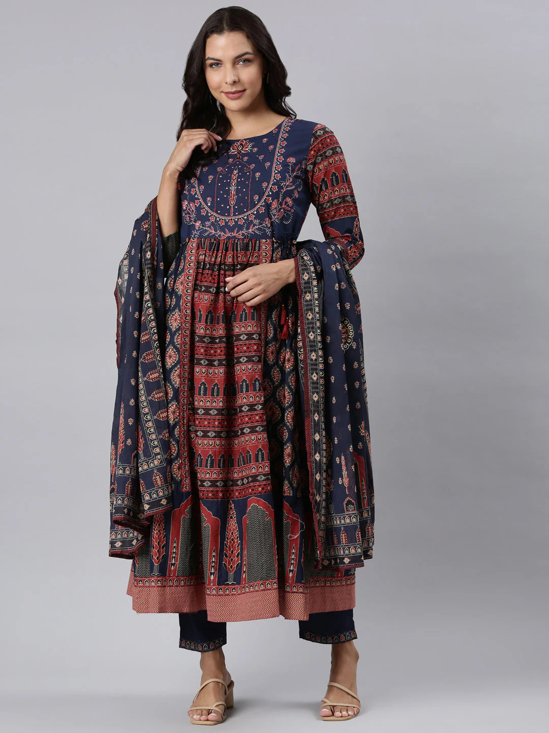 Neerus Navy Blue Panelled Printed Kurta And Trousers With Dupatta - Image 6