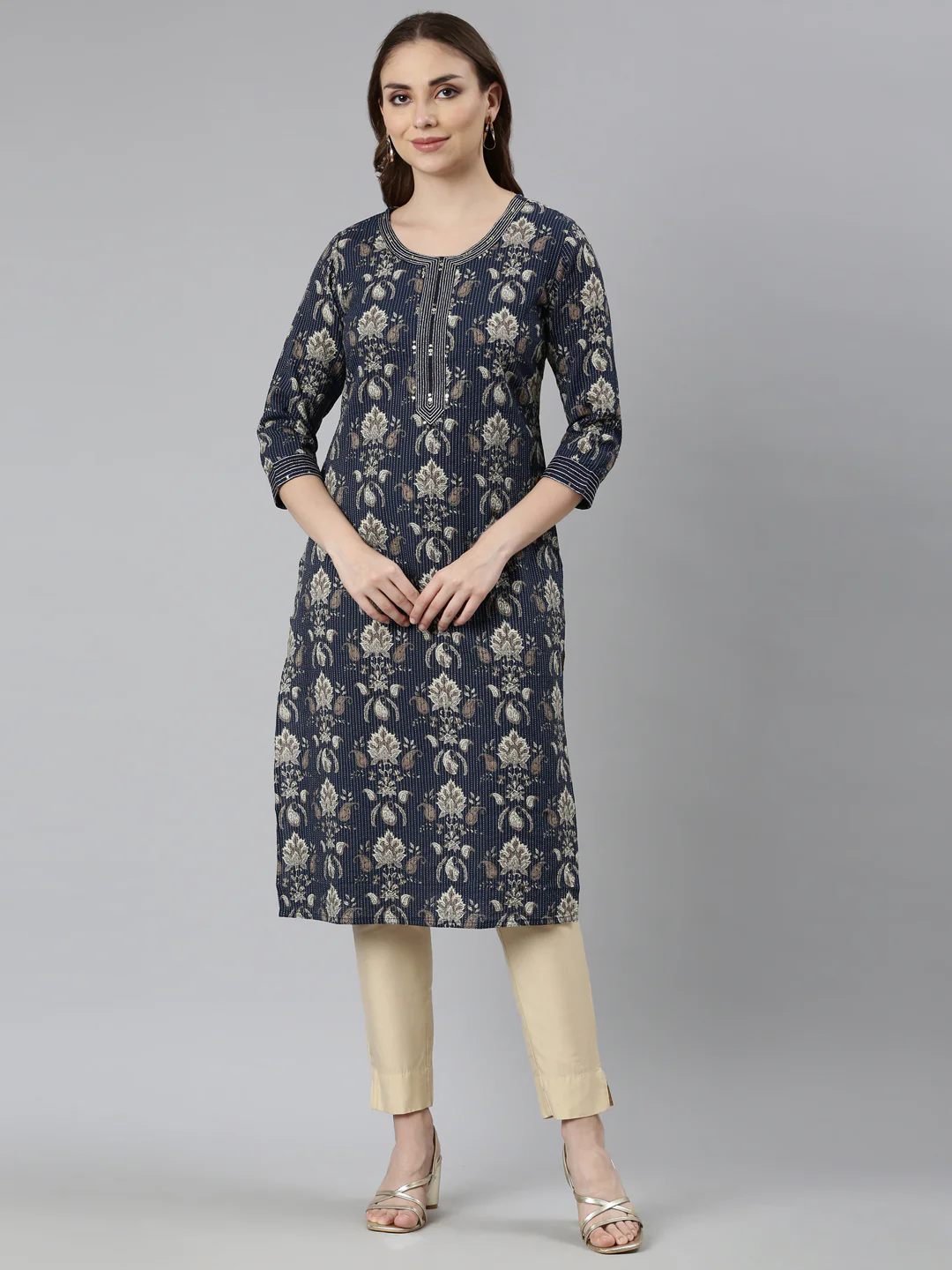 Neerus Navy Blue Panelled Straight Paisley Kurta