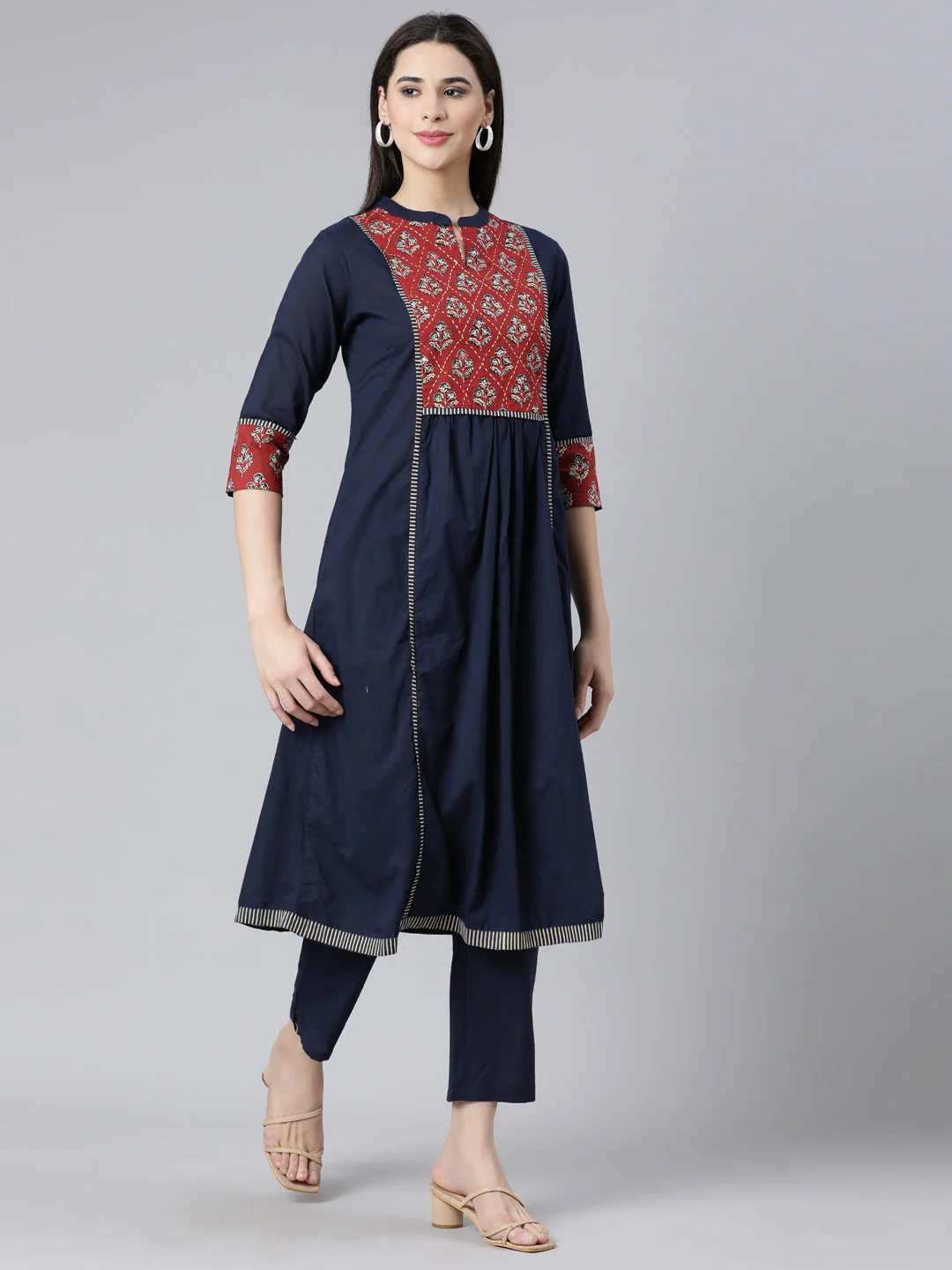 Neerus Navy Blue Panelled Straight Printed Kurta And Trousers - Image 3