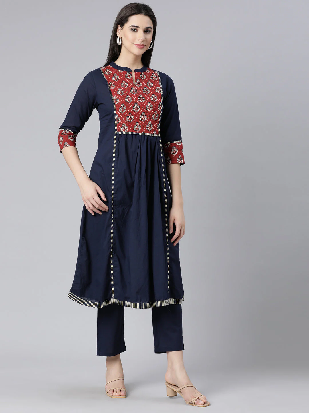 Neerus Navy Blue Panelled Straight Printed Kurta And Trousers - Image 6