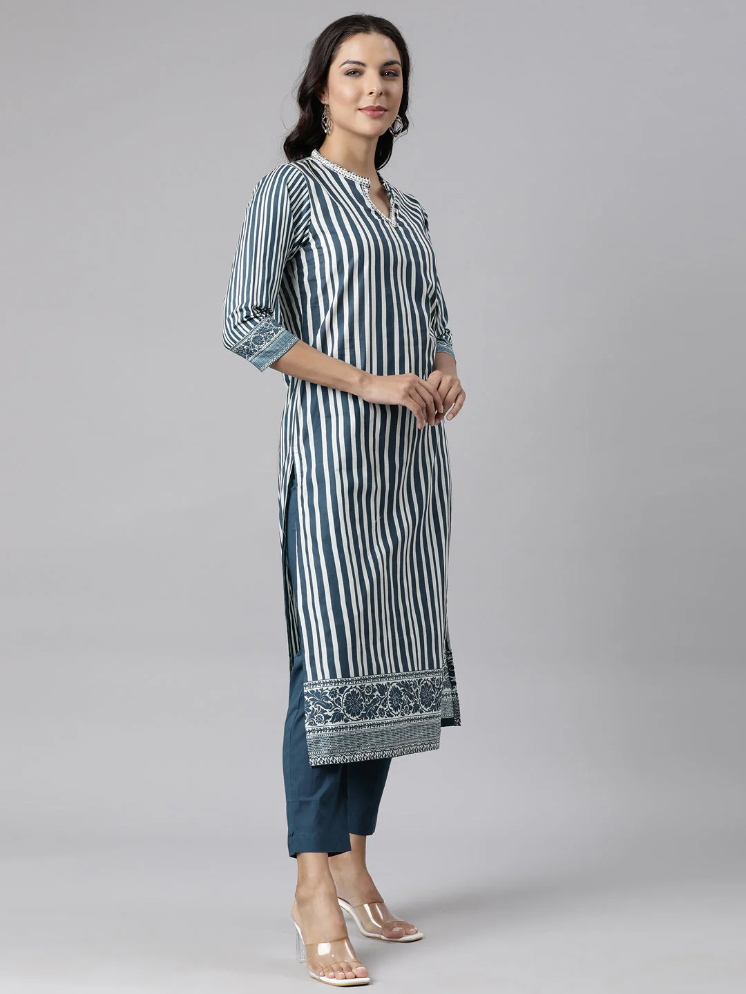 Neerus Navy Blue Panelled Straight Printed Kurta And Trousers With Dupatta - Image 3
