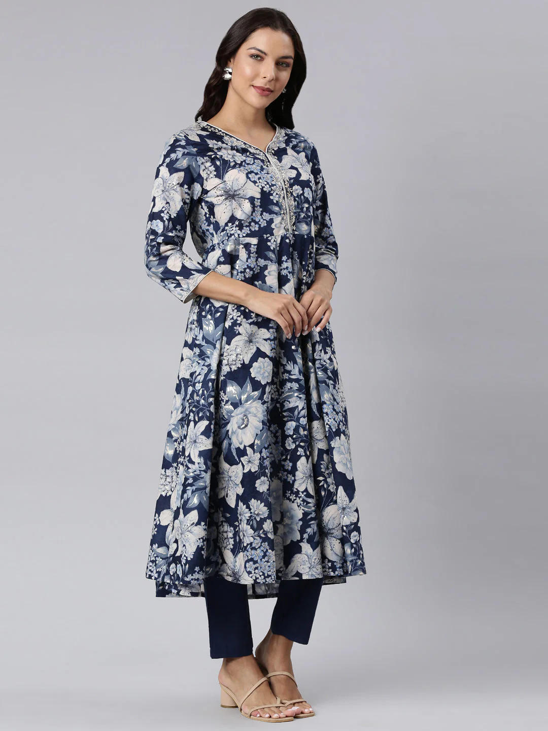 Neerus Navy Blue Panelled Printed Kurta And Trousers With Dupatta - Image 3