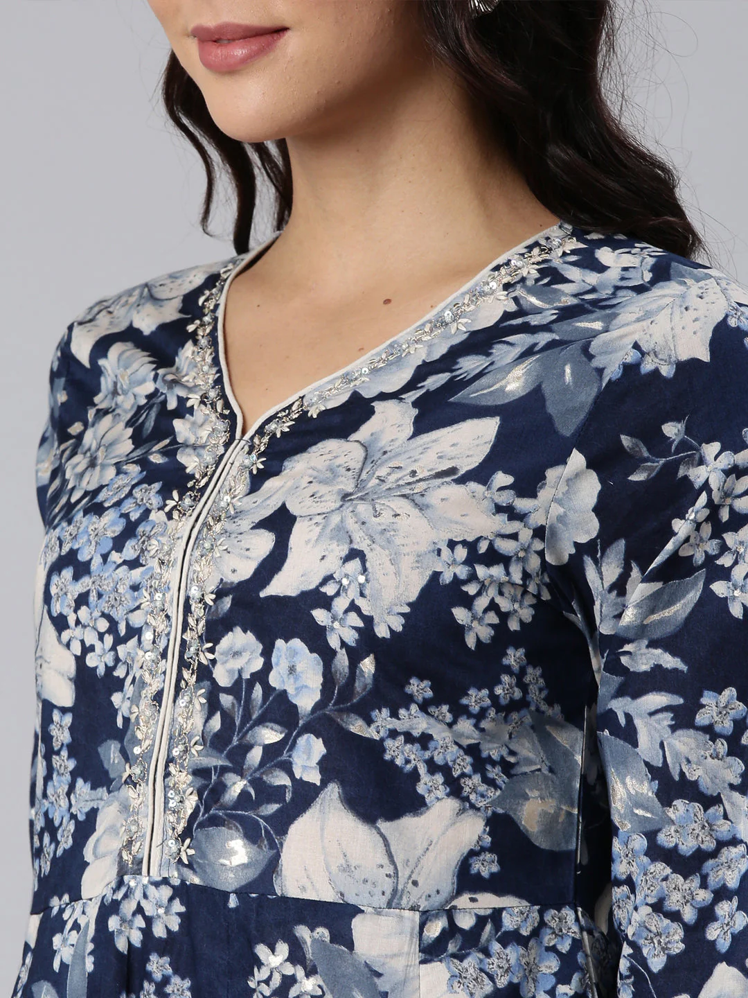 Neerus Navy Blue Panelled Printed Kurta And Trousers With Dupatta - Image 5
