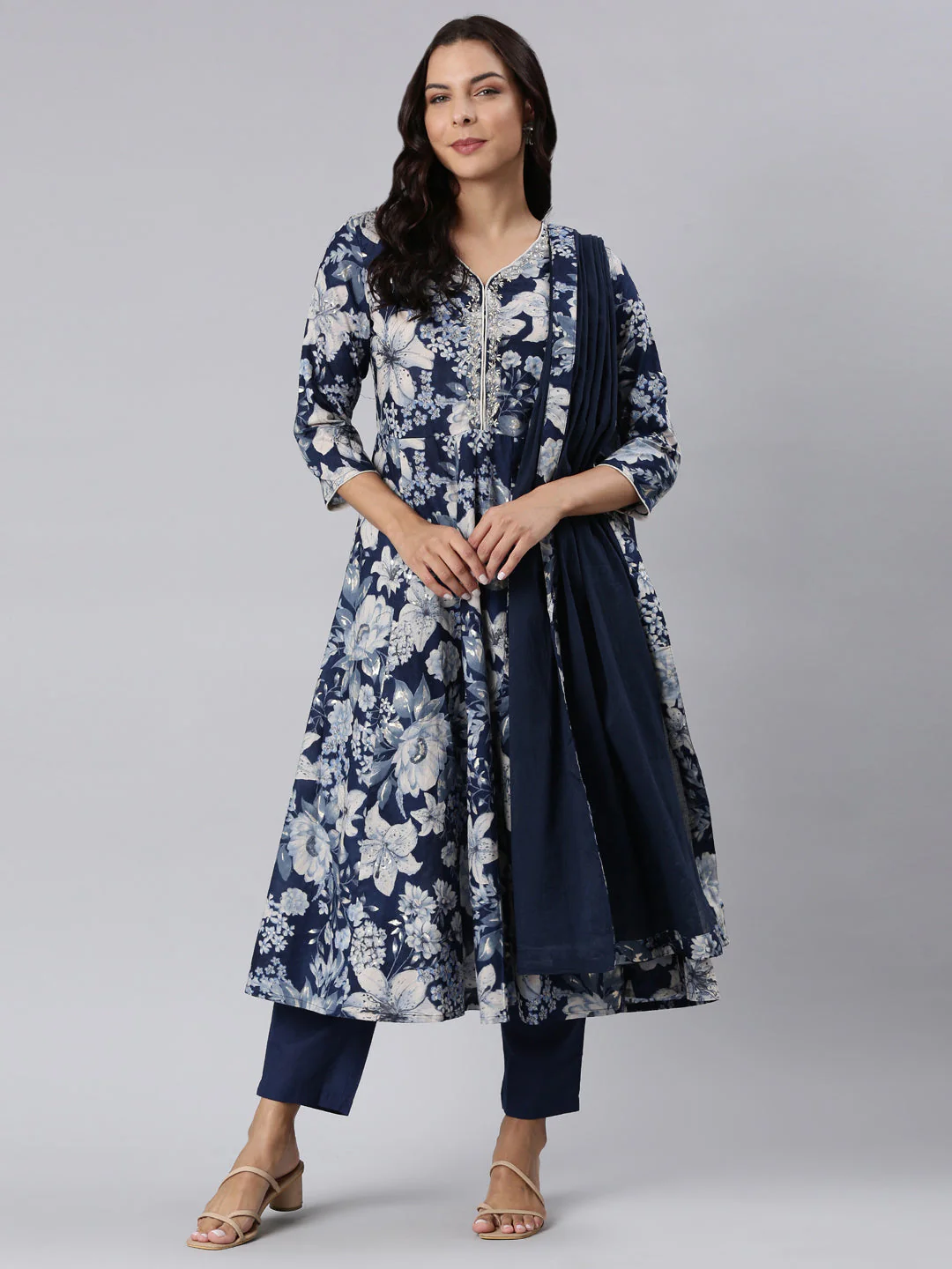 Neerus Navy Blue Panelled Printed Kurta And Trousers With Dupatta - Image 6