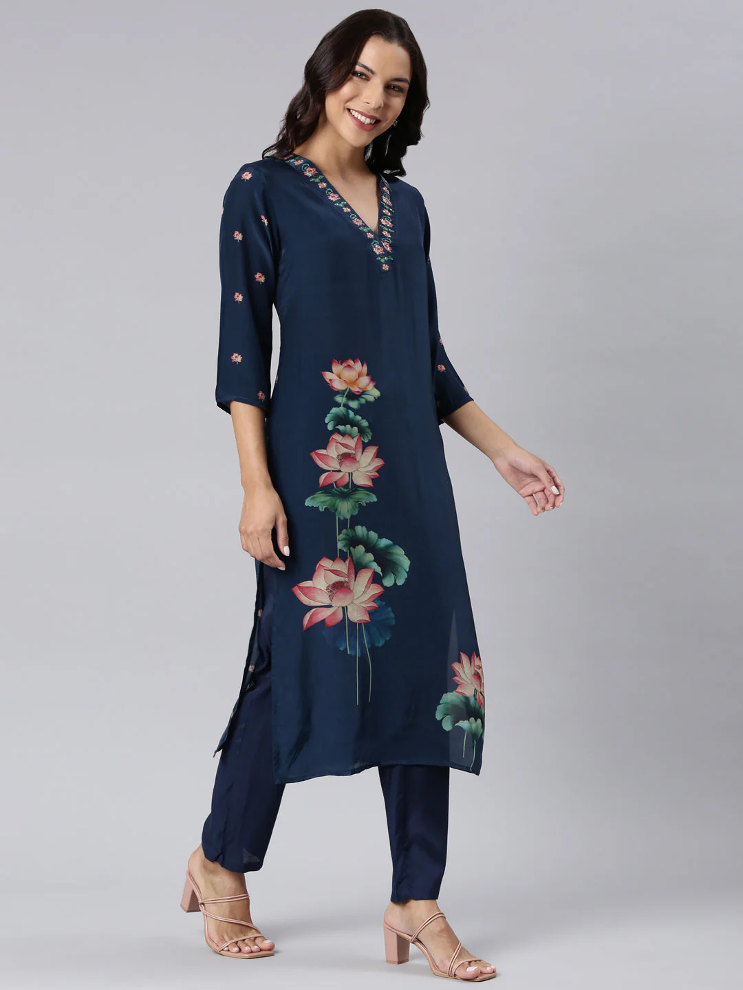 Neerus Navy Blue Panelled Straight Printed Kurta And Trousers With Dupatta - Image 2