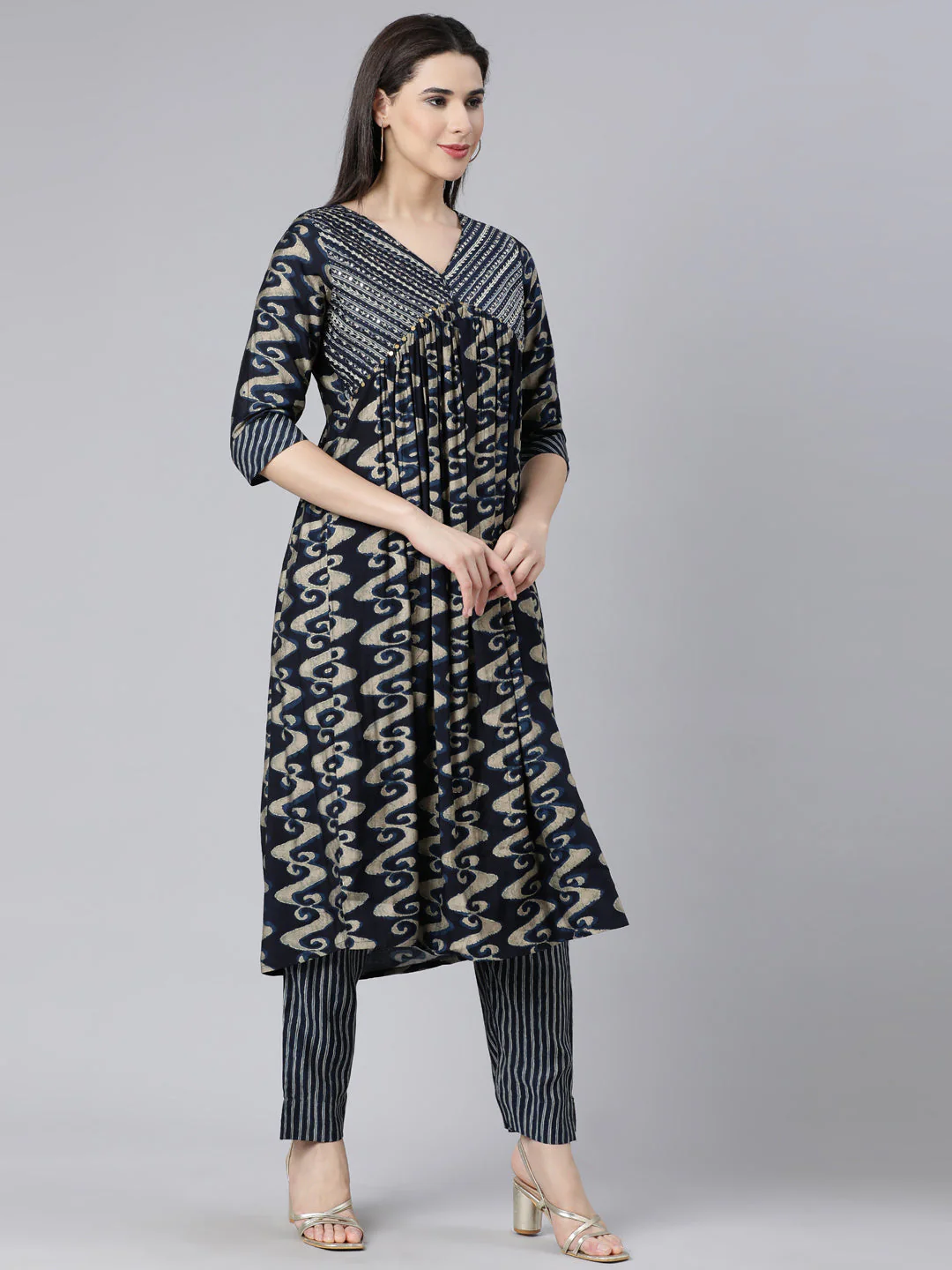 Neerus Navy Blue Panelled Printed Kurta And Trousers With Dupatta - Image 3