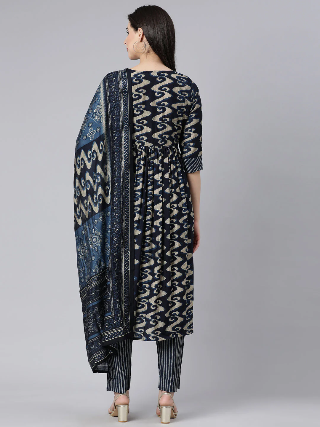 Neerus Navy Blue Panelled Printed Kurta And Trousers With Dupatta - Image 4