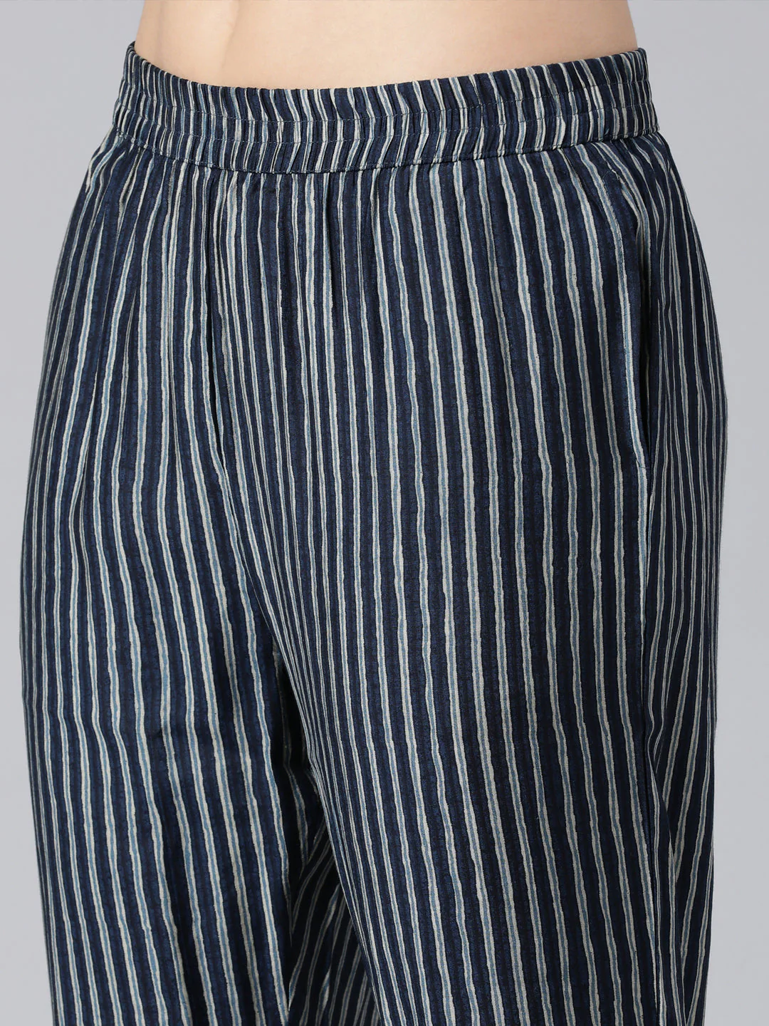 Neerus Navy Blue Panelled Printed Kurta And Trousers With Dupatta - Image 7