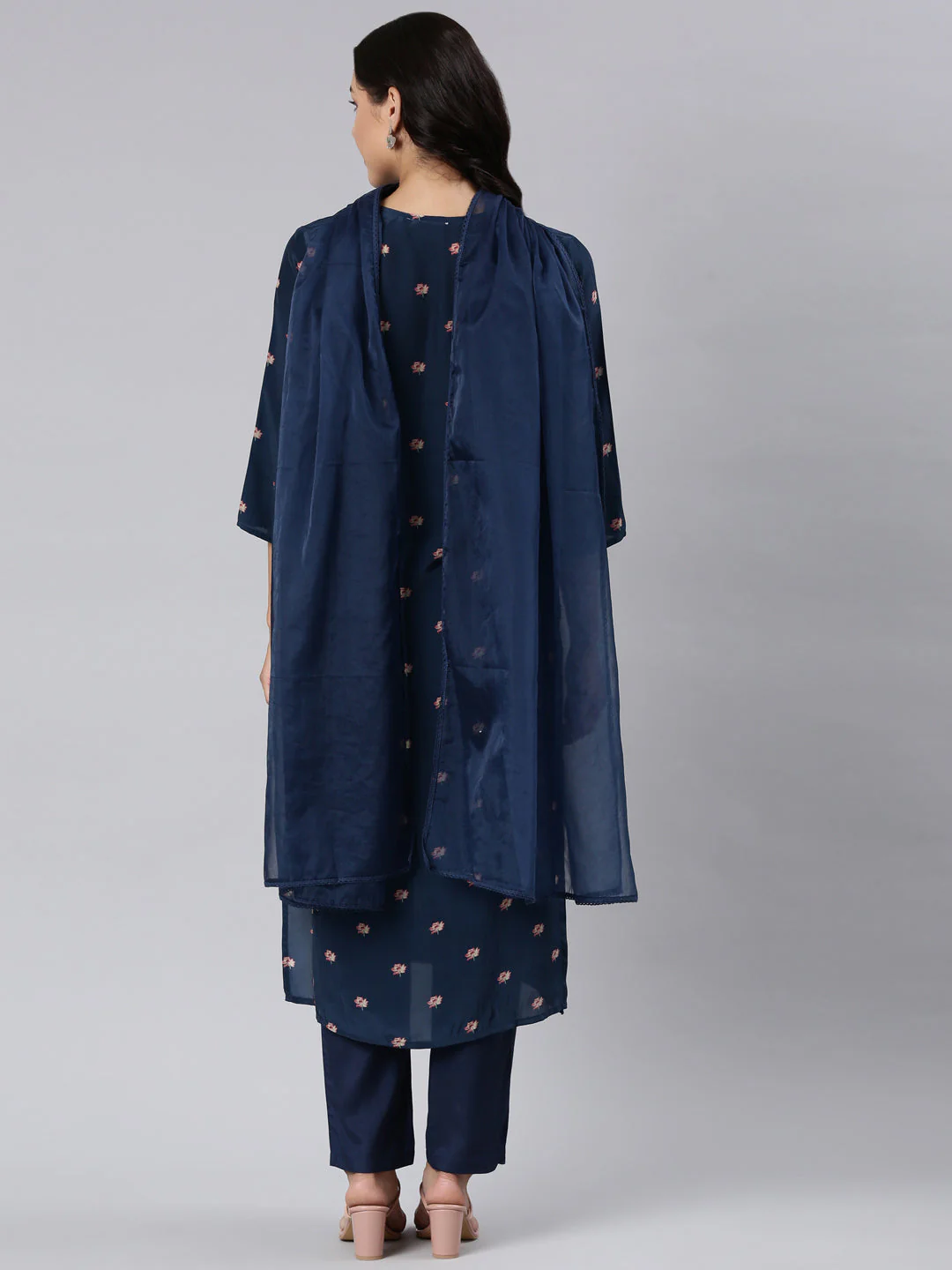 Neerus Navy Blue Panelled Straight Printed Kurta And Trousers With Dupatta - Image 3