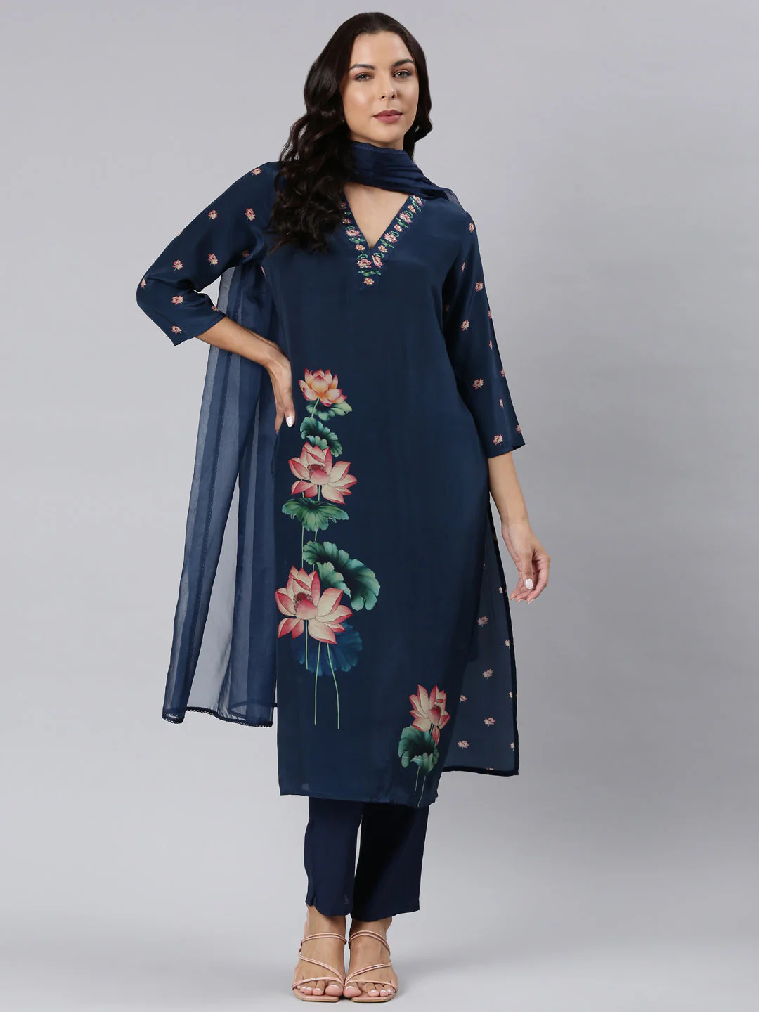Neerus Navy Blue Panelled Straight Printed Kurta And Trousers With Dupatta - Image 5