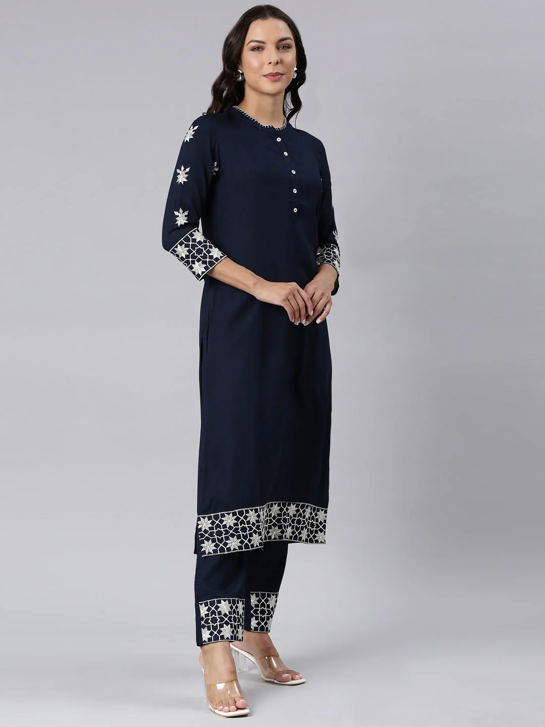 Neerus Navy Blue Panelled Straight Yoke Design Kurta And Trousers - Image 3