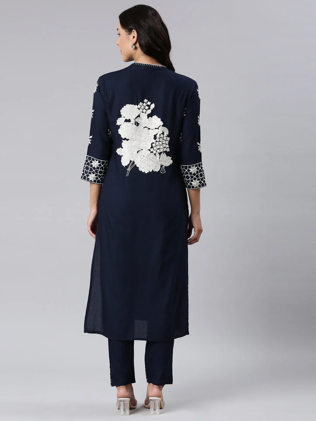 Neerus Navy Blue Panelled Straight Yoke Design Kurta And Trousers - Image 4