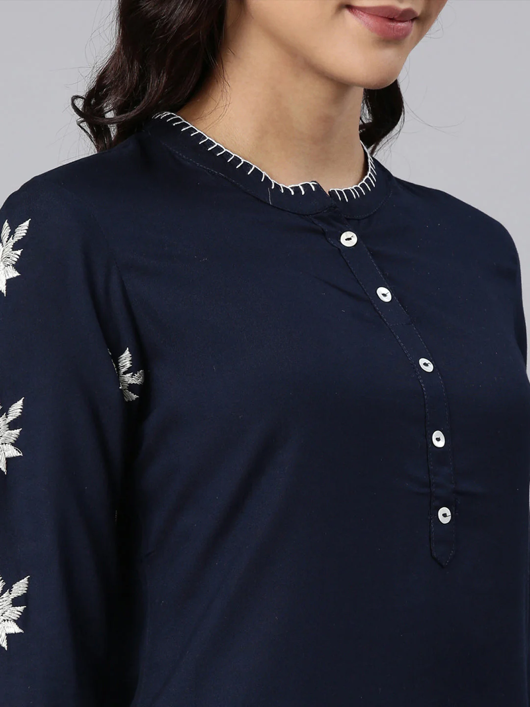 Neerus Navy Blue Panelled Straight Yoke Design Kurta And Trousers - Image 5