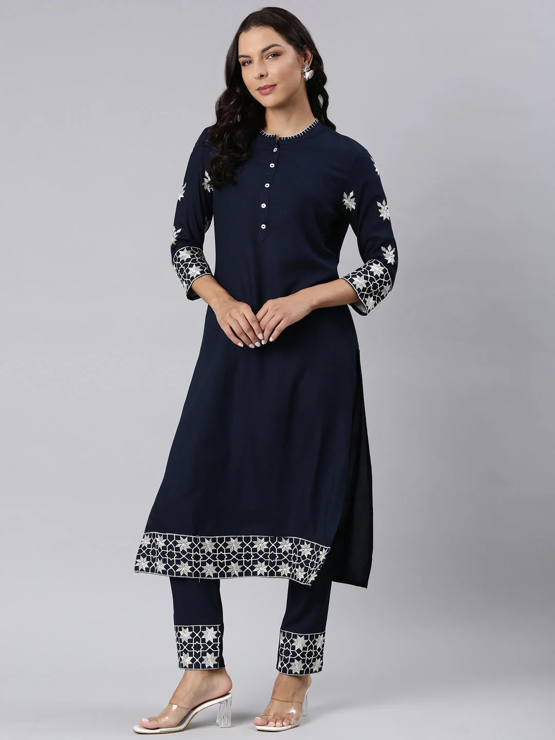Neerus Navy Blue Panelled Straight Yoke Design Kurta And Trousers - Image 6