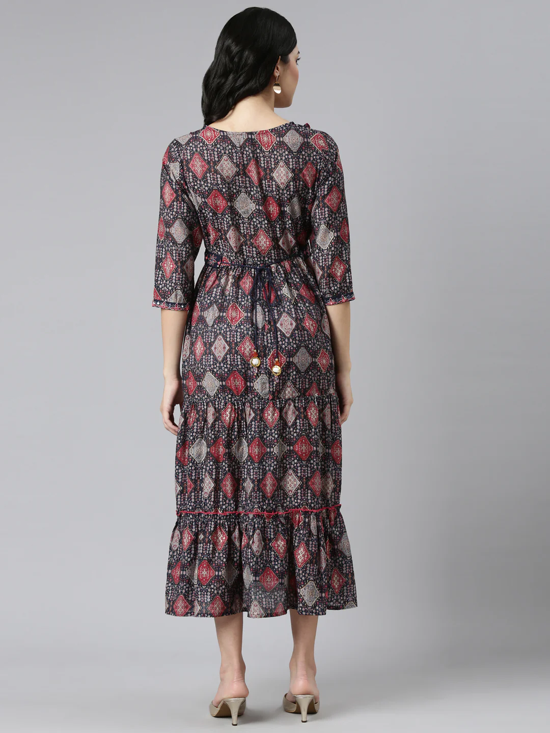 Neerus Navy Blue Pleated Anarkali Printed Kurta - Image 3