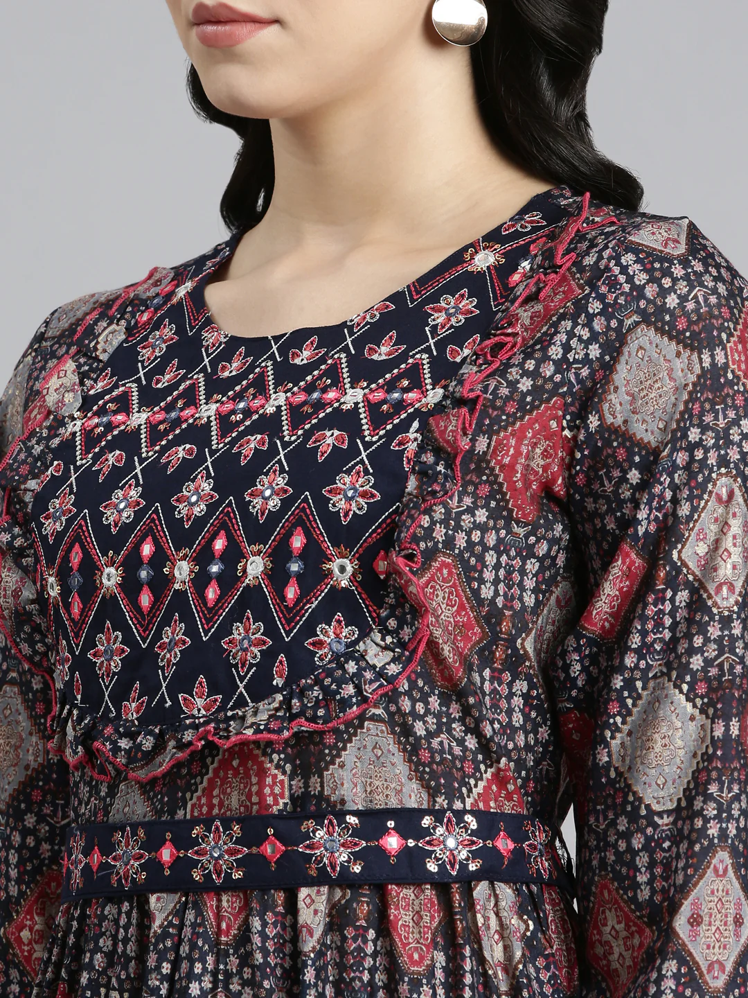 Neerus Navy Blue Pleated Anarkali Printed Kurta - Image 4