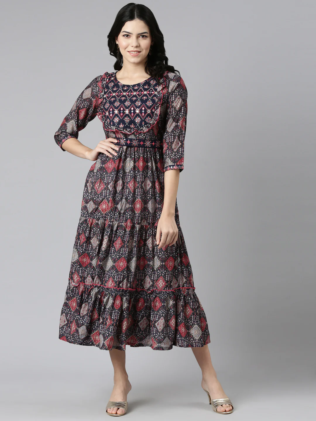 Neerus Navy Blue Pleated Anarkali Printed Kurta - Image 5
