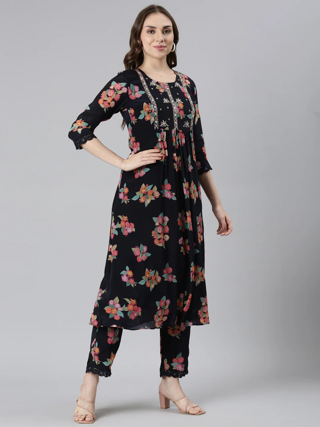 Neerus Navy Blue Pleated Curved Printed Kurta and Trousers - Image 2