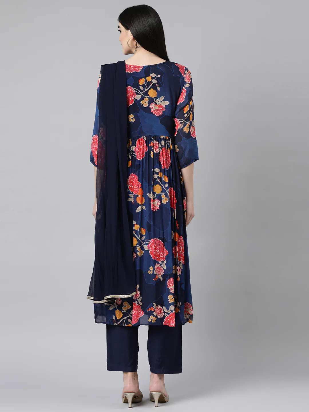 Neerus Navy Blue Pleated Straight Floral Kurta And Trousers With Dupatta - Image 3