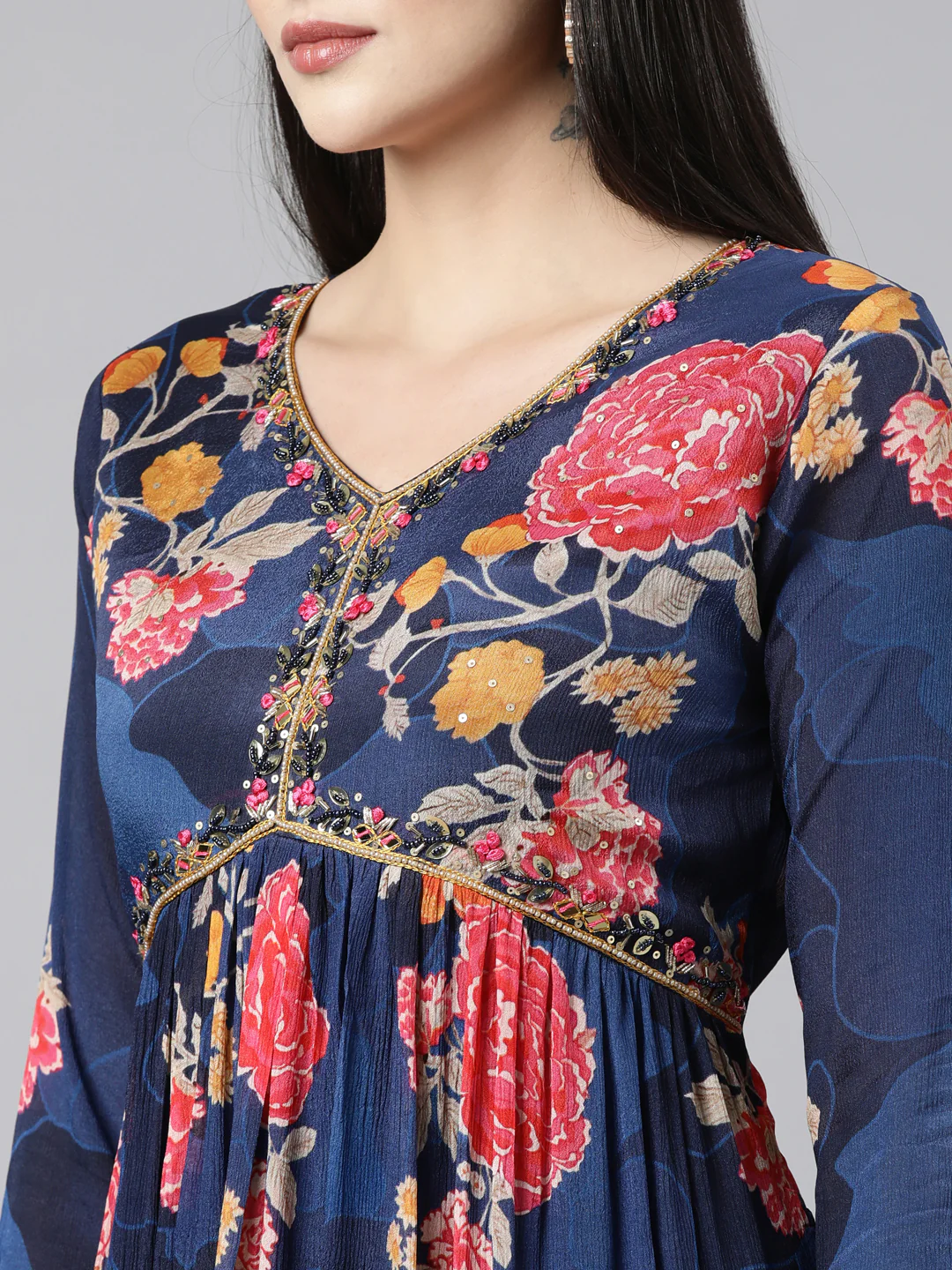 Neerus Navy Blue Pleated Straight Floral Kurta And Trousers With Dupatta - Image 4