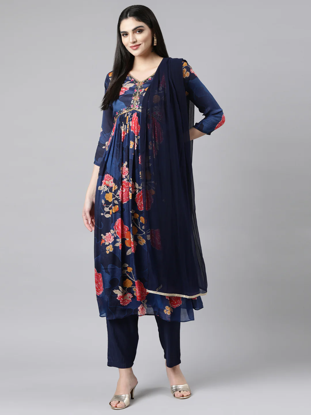 Neerus Navy Blue Pleated Straight Floral Kurta And Trousers With Dupatta - Image 5