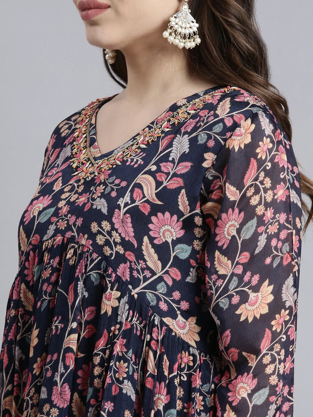 Neerus Navy Blue Pleated Straight Floral Kurta And Trousers With Dupatta - Image 4