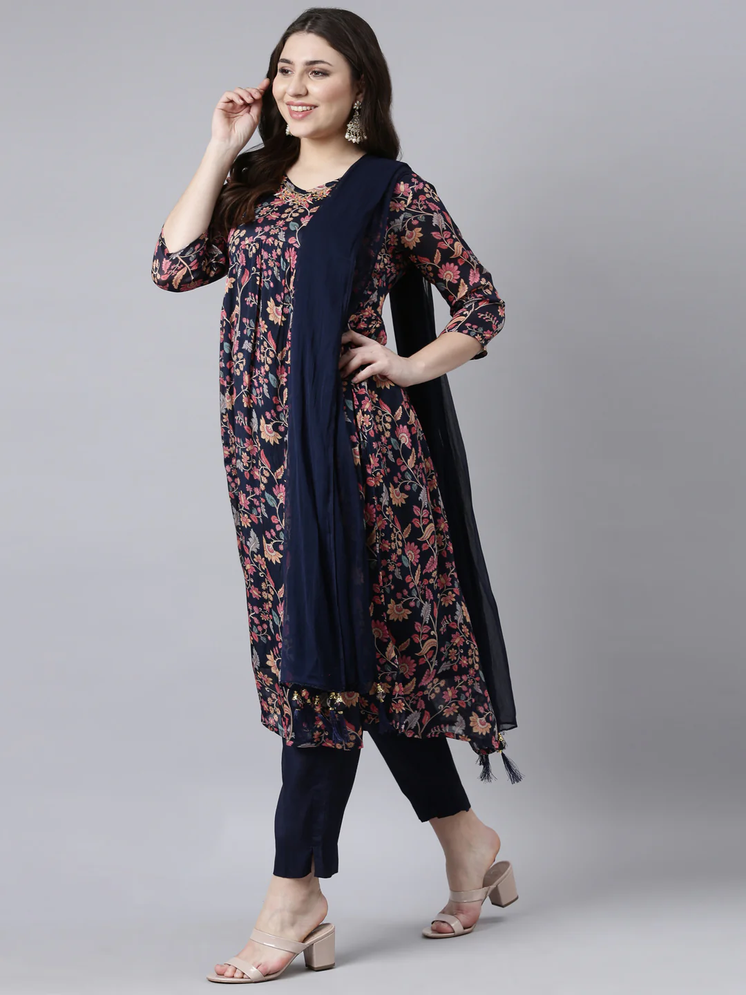 Neerus Navy Blue Pleated Straight Floral Kurta And Trousers With Dupatta - Image 5