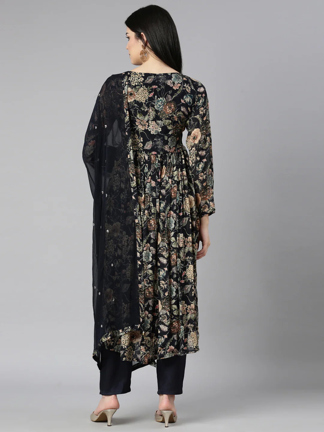 Neerus Navy Blue Pleated Straight Floral Kurta And Trousers With Dupatta - Image 3