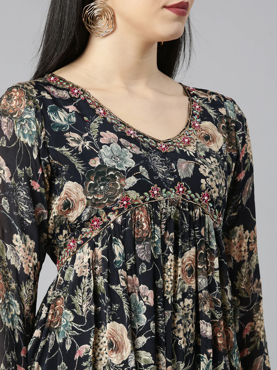 Neerus Navy Blue Pleated Straight Floral Kurta And Trousers With Dupatta - Image 4