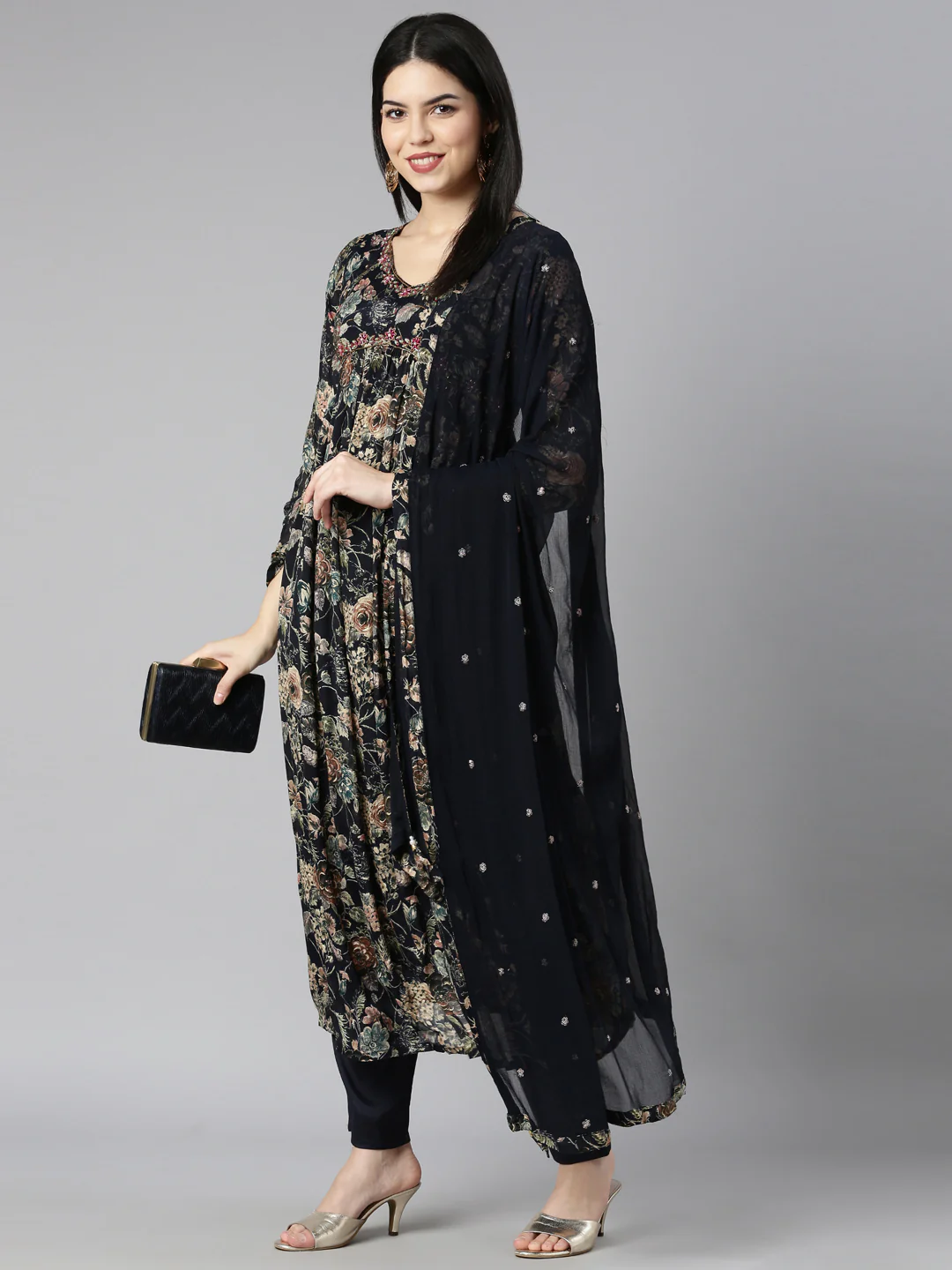 Neerus Navy Blue Pleated Straight Floral Kurta And Trousers With Dupatta - Image 5