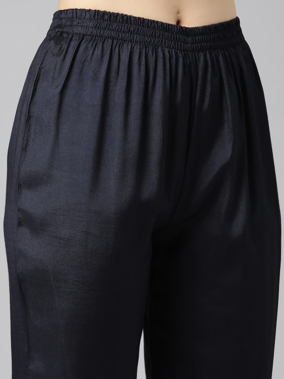Neerus Navy Blue Pleated Straight Floral Kurta And Trousers With Dupatta - Image 6
